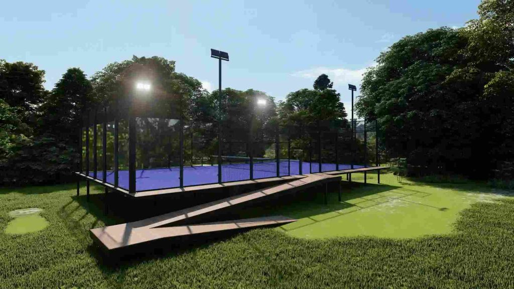 Pista de pádel en club con plataforma exterior